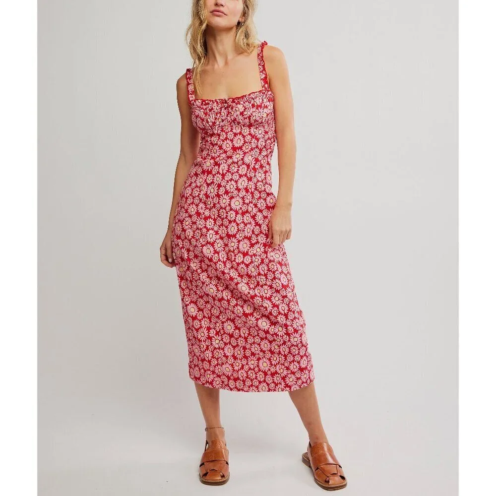 free people red floral dress Free People Garden Party Dress - Red Floral Print Maxi Dress - Tiered Maxi Dress